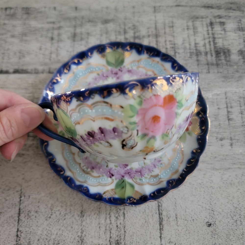 Vintage Japanese Hand Painted Pink Floral with Blue Ribbon Teacup and Sa…